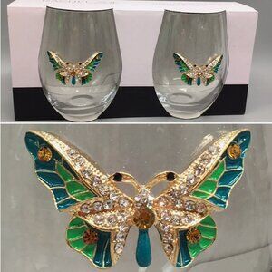 4 Rachel Zoe Rhinestone Teal Gold Butterfly Stemless Wine Glass Set Jewel Summer